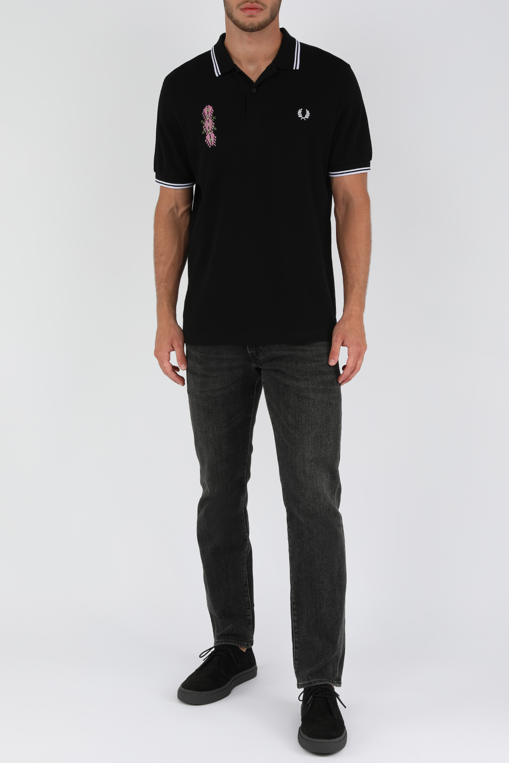 פרד פרי X אדיש חולצת פולו קצרה שחורה עם לוגו רקום